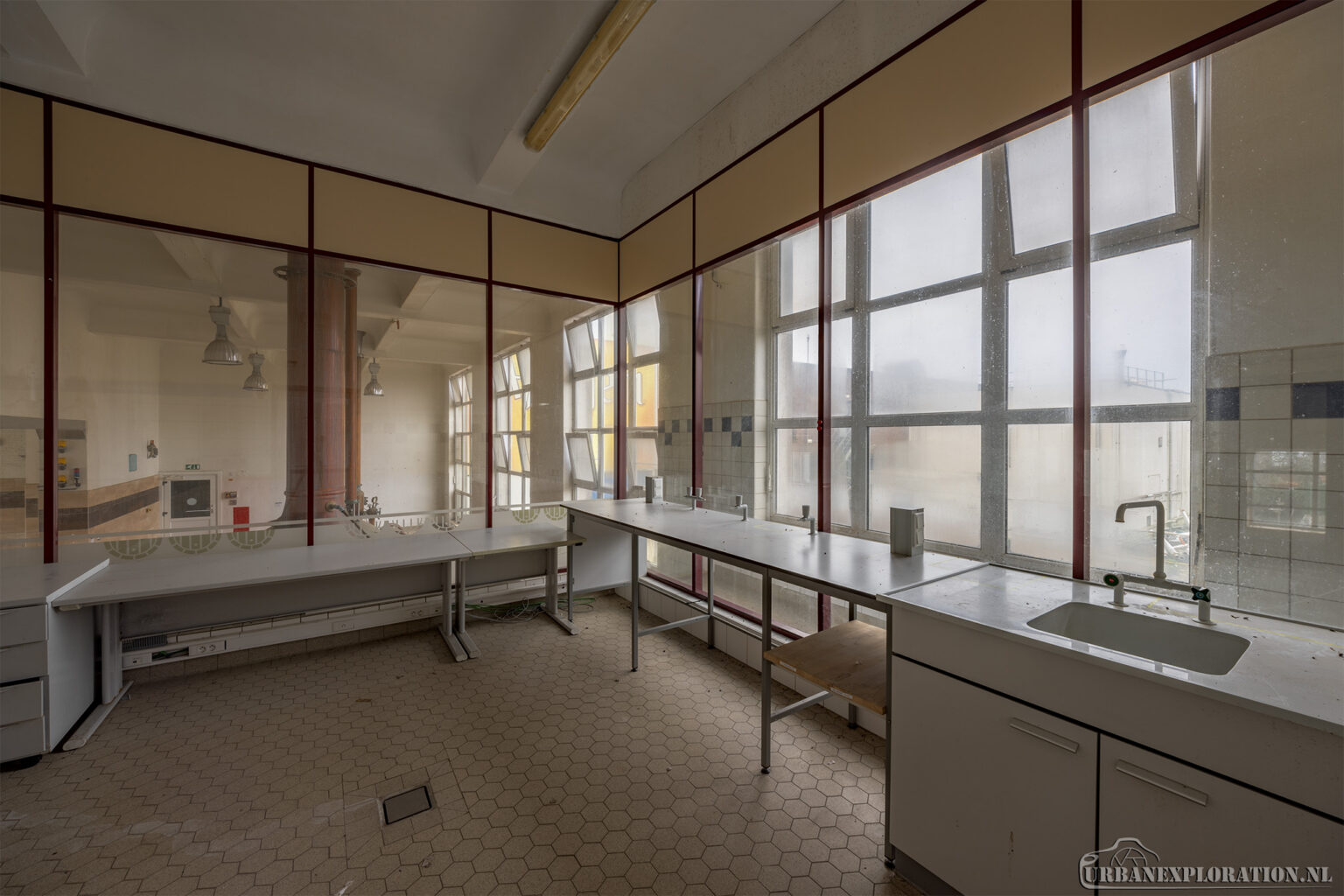 Interior of an abandoned brewery photographed during urban exploration