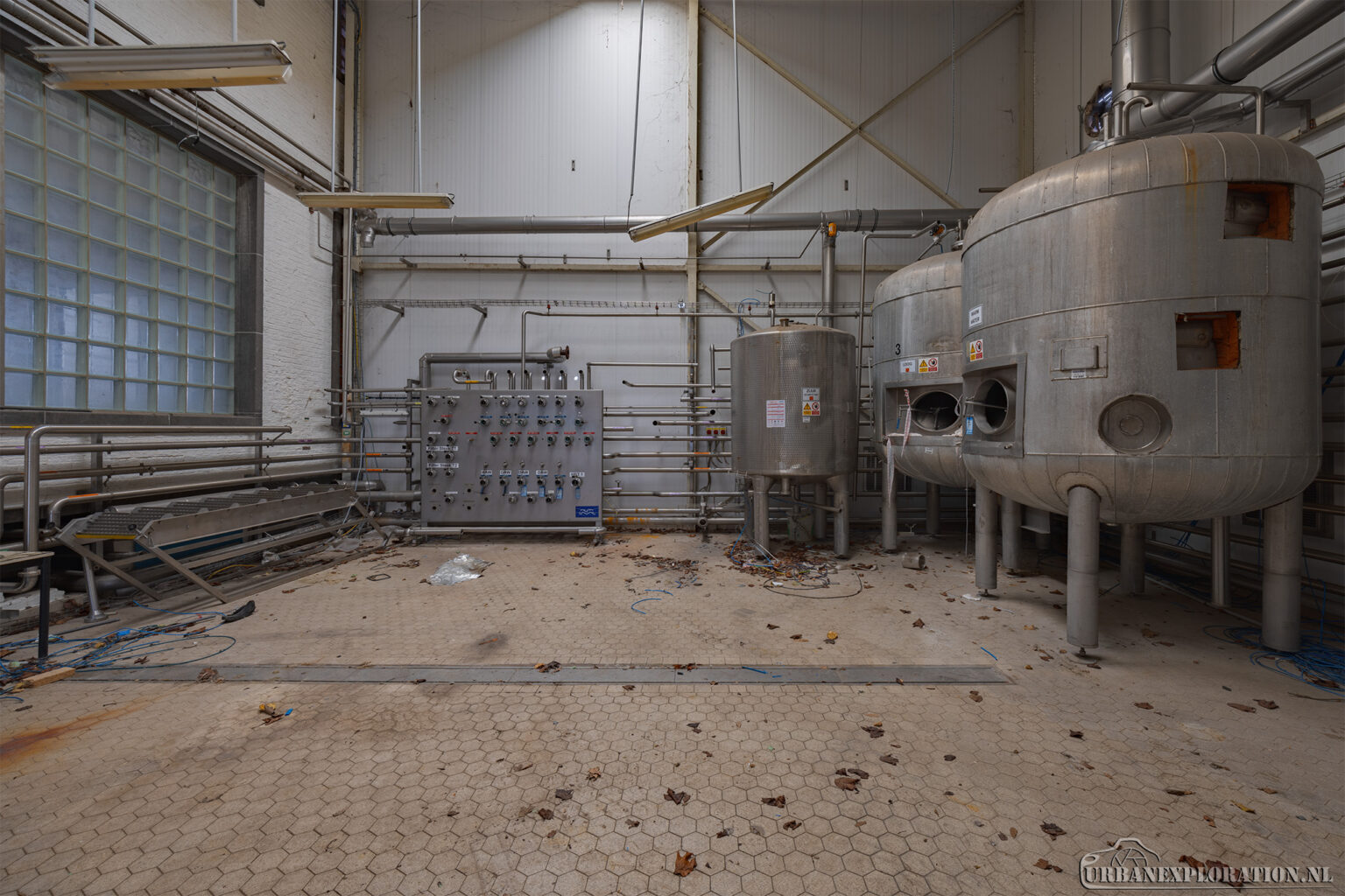 Interior of an abandoned brewery photographed during urban exploration