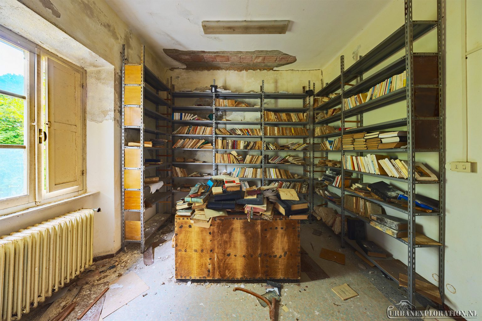 Abandoned monastery school complex with church and classrooms