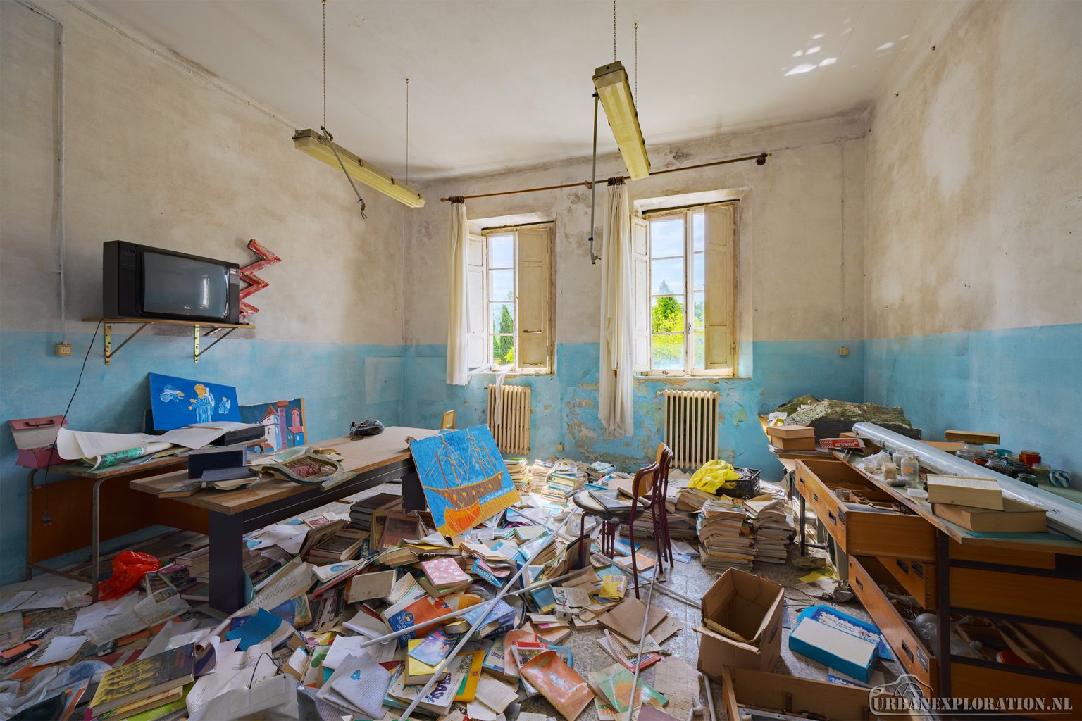 Abandoned monastery school complex with church and classrooms