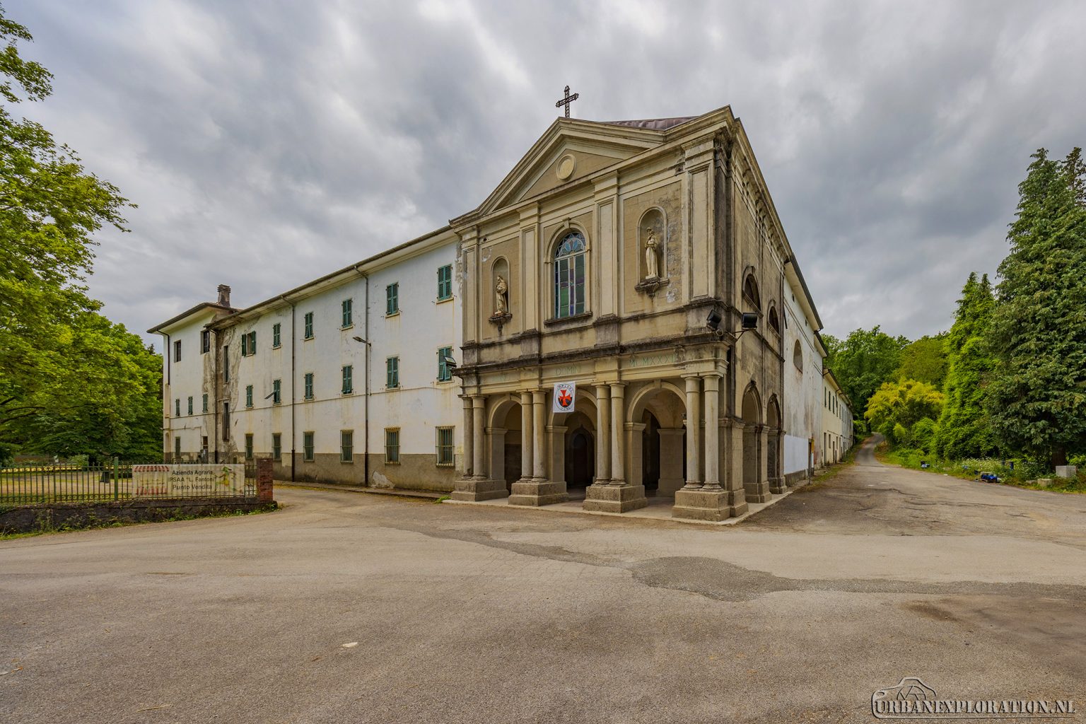 Abandoned monastery school complex with church and classrooms