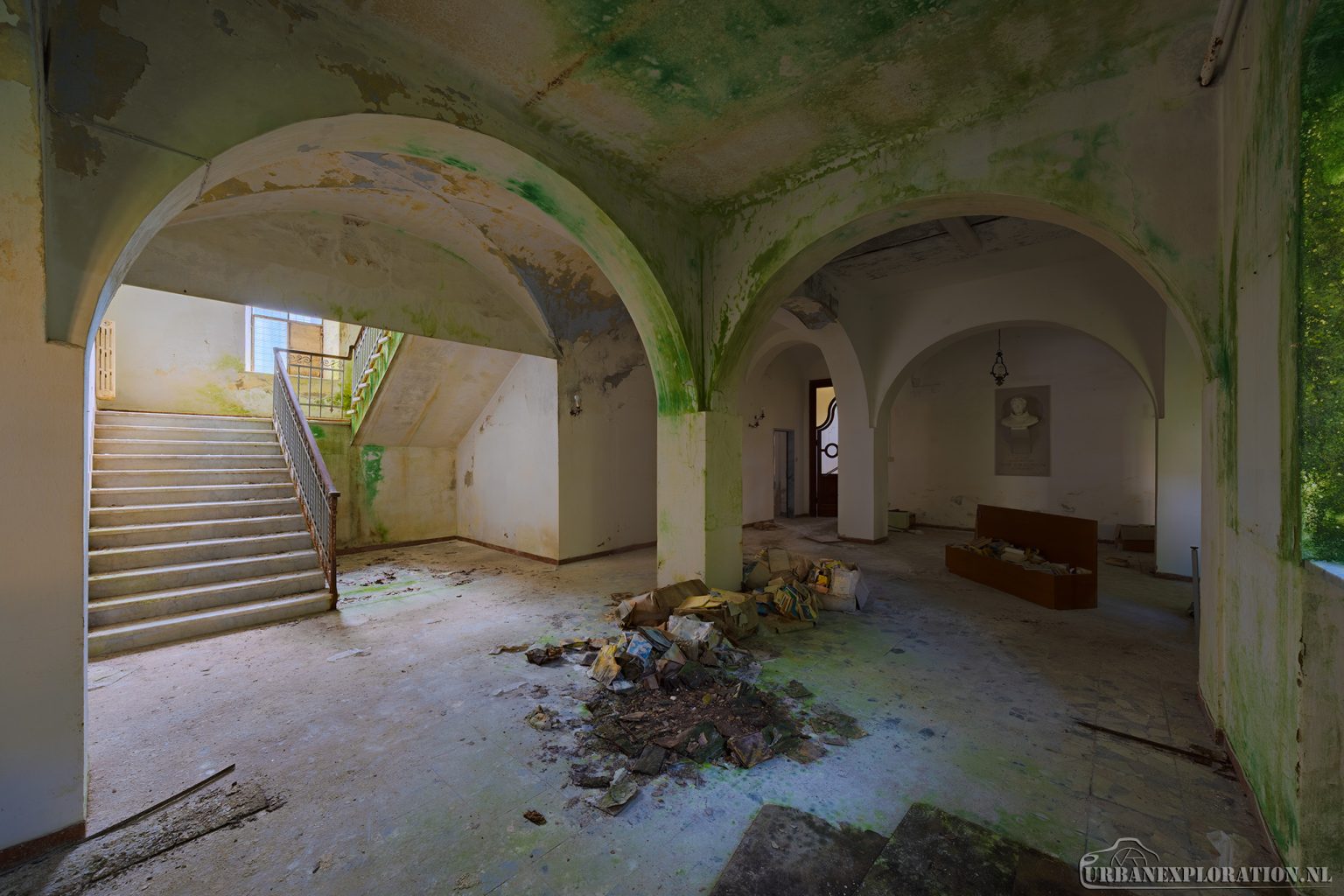 Abandoned monastery school complex with church and classrooms