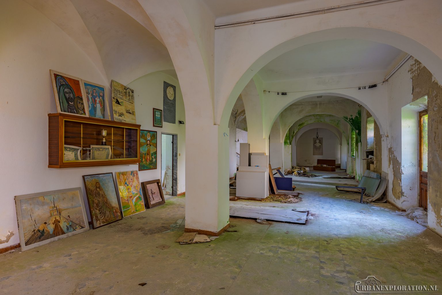 Abandoned monastery school complex with church and classrooms